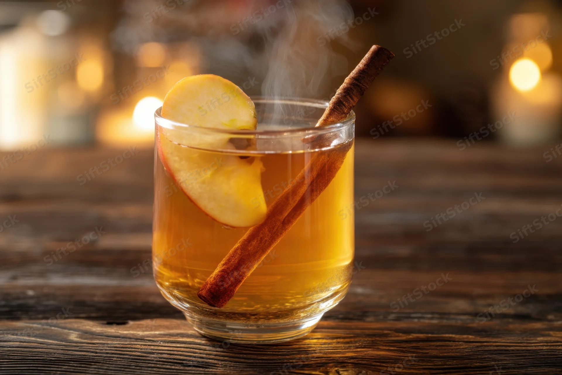 Warm spiced apple cider in a glass with apple slice and cinnamon stick on wooden table