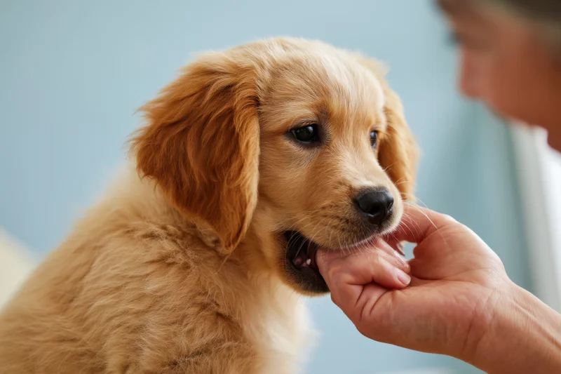 Golden retriever puppy playfully nibbling a human hand during interaction