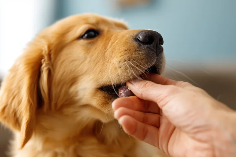 Golden retriever puppy nibbling a human hand indoors