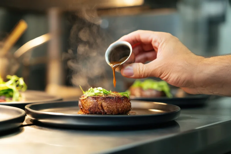 Chef plating a seared steak with sauce and herbs in a modern kitchen