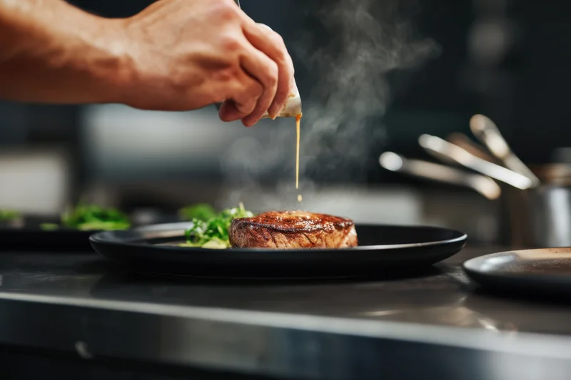 Chef pouring sauce over seared steak on black plate in modern kitchen