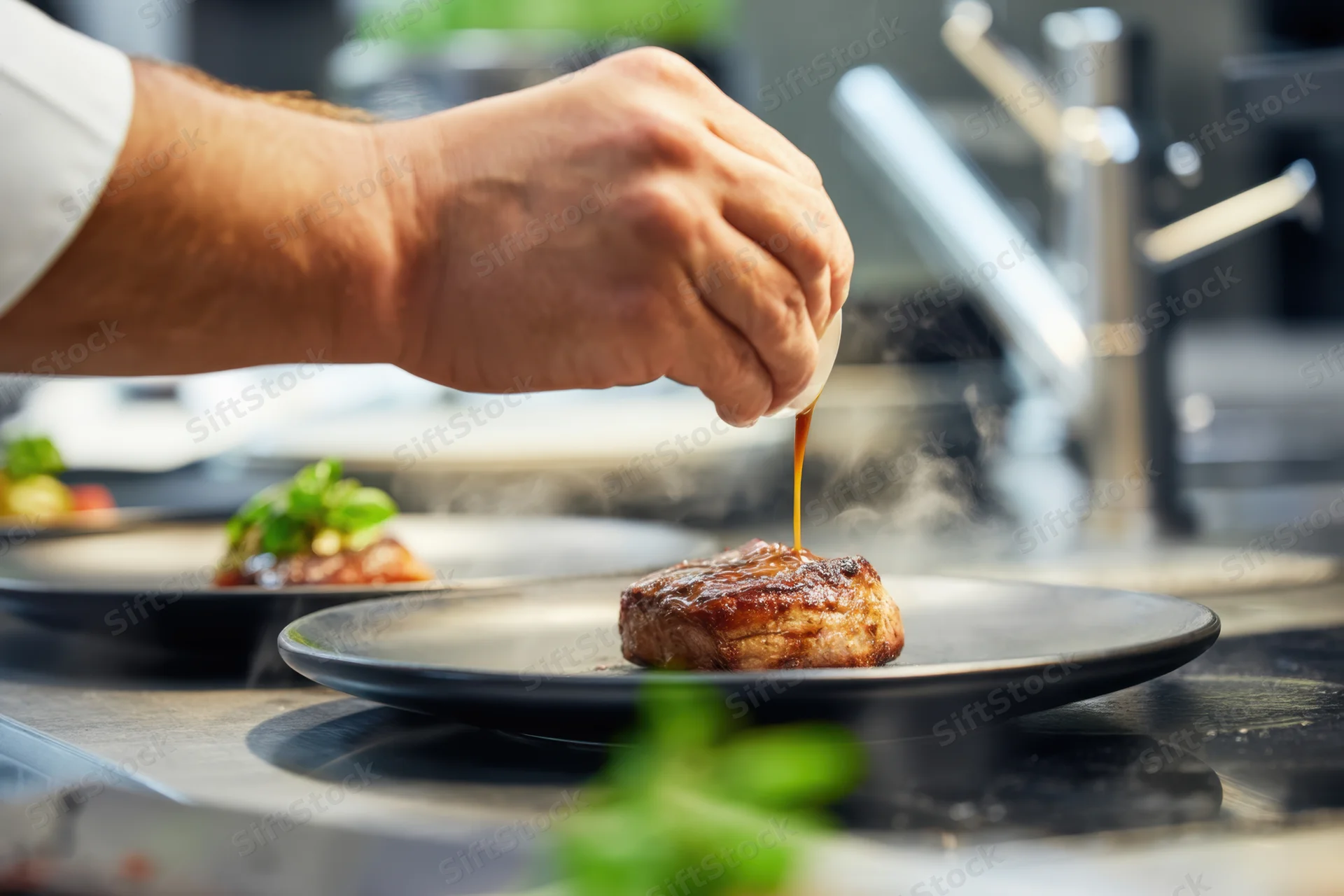 Chef plating a seared steak with sauce in a modern restaurant kitchen