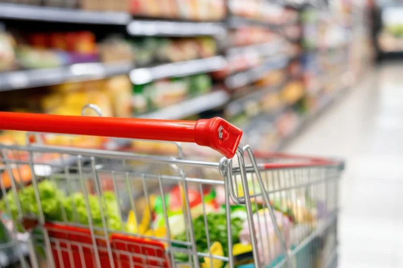 Metal shopping cart filled with fresh vegetables in a supermarket aisle