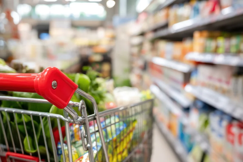 Metal shopping cart with vegetables in a supermarket aisle