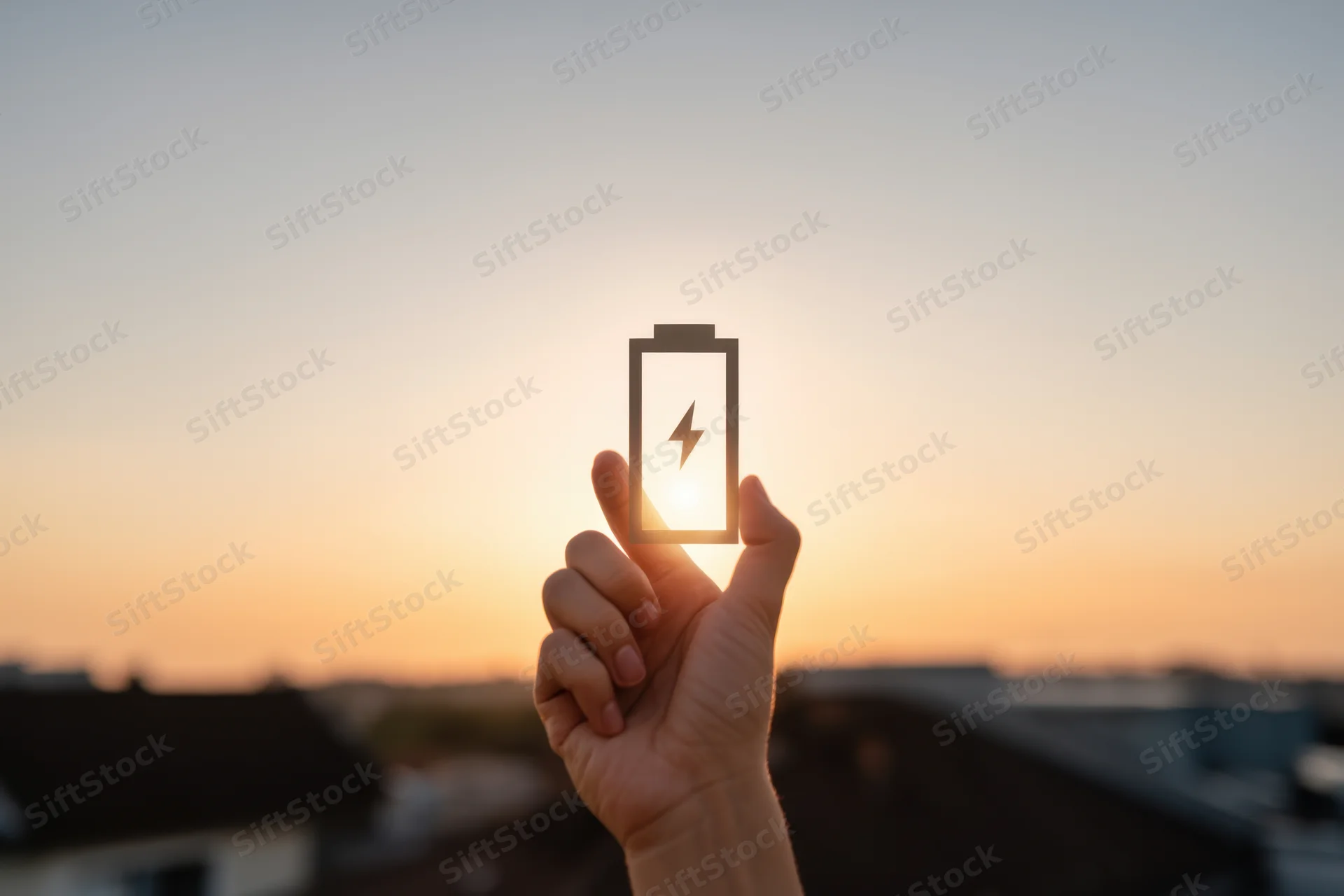 Hand holding battery icon against sunset sky over city rooftops
