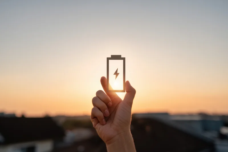 Hand holding battery icon against sunset sky over city rooftops