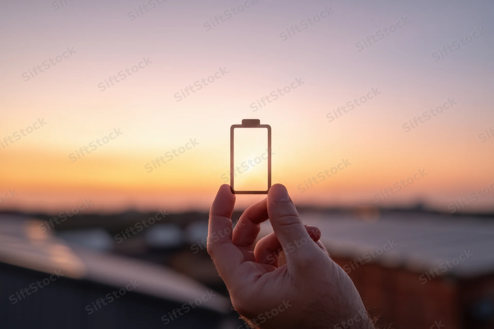 Hand holding battery icon against sunset sky over city rooftops