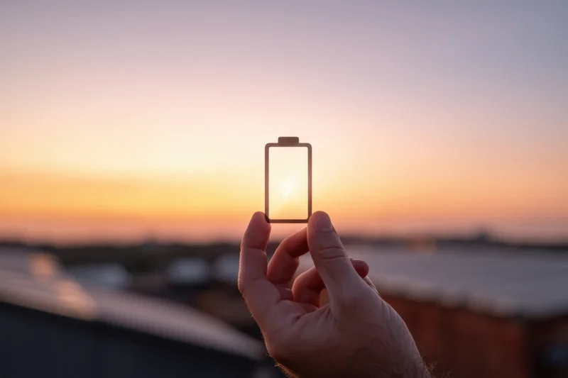 Hand holding battery icon against sunset sky over city rooftops