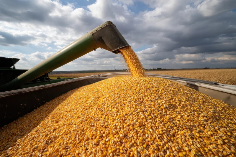 Grain auger pouring corn into a trailer in a harvested field under cloudy sky