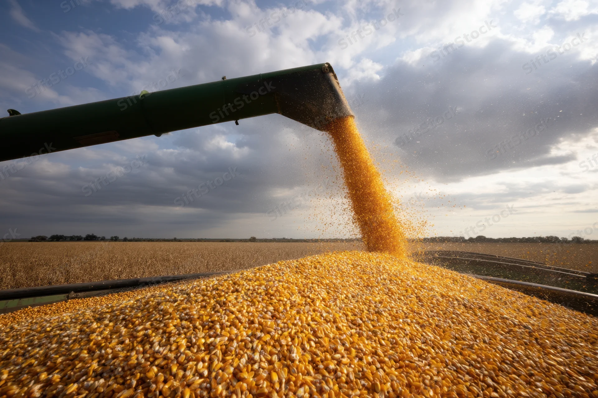 Grain auger pouring corn kernels into a trailer in a harvested field