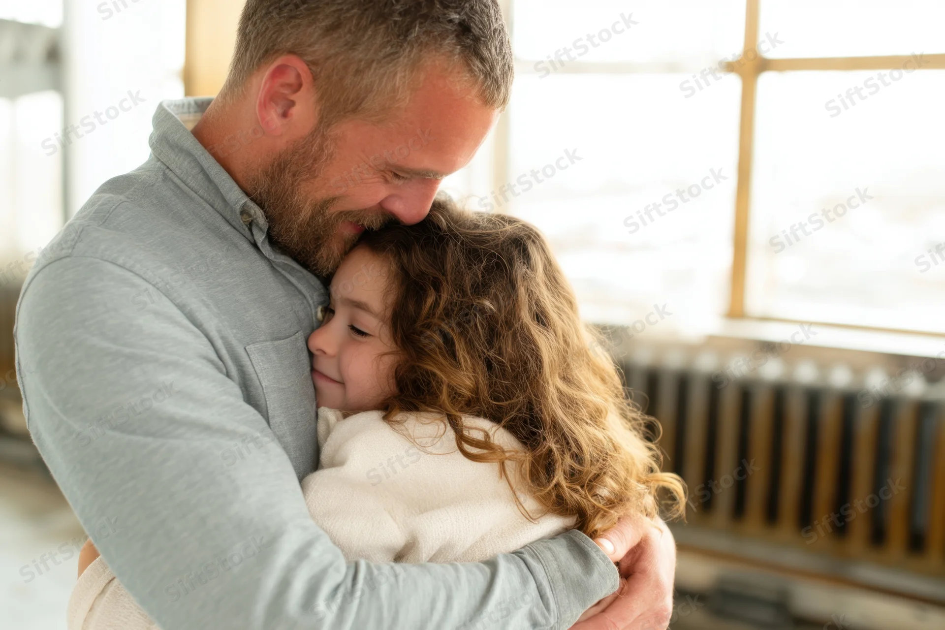 Father hugging daughter closely in a sunlit home interior
