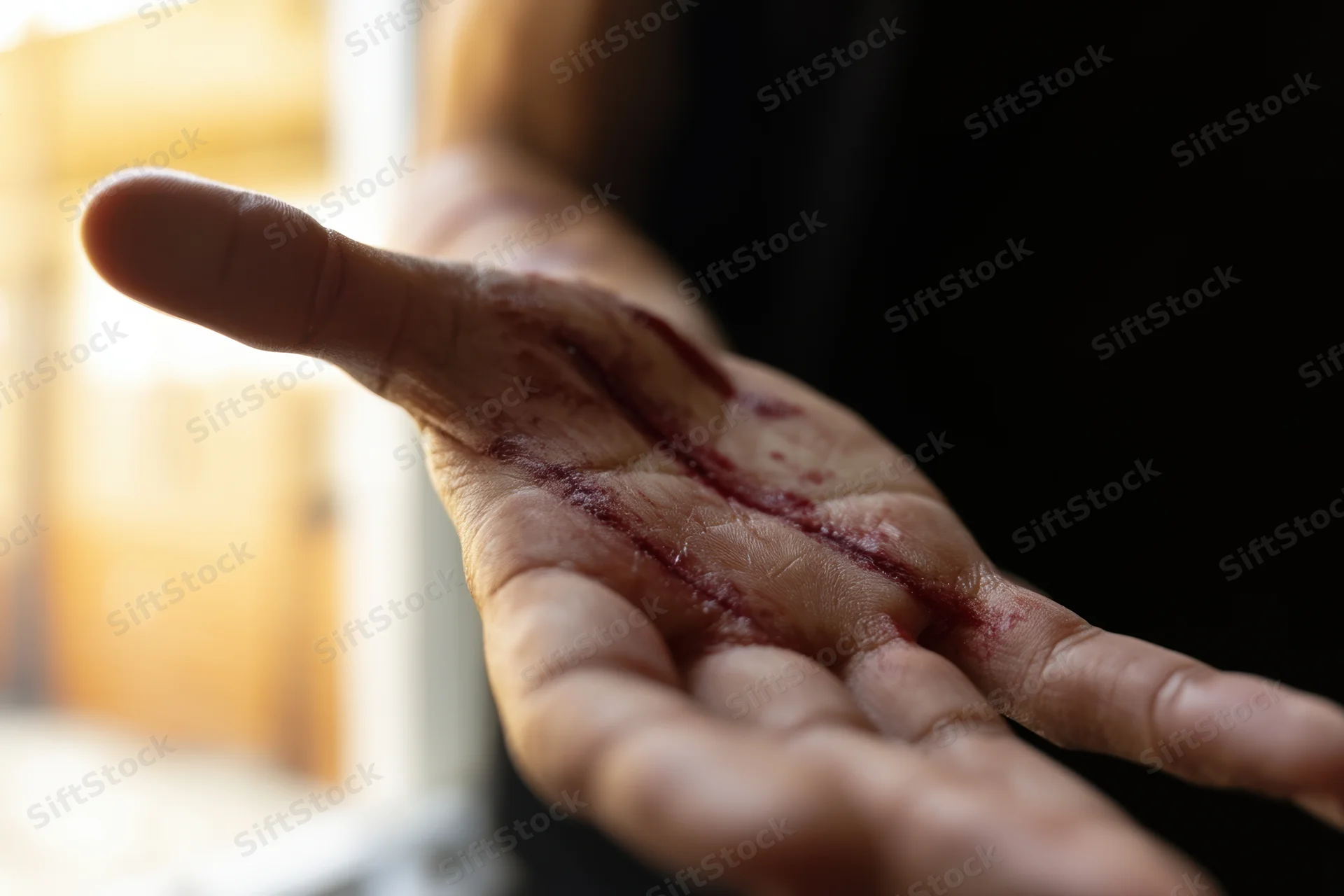 Hand with visible cut and blood on the palm, held open in front of a blurred background