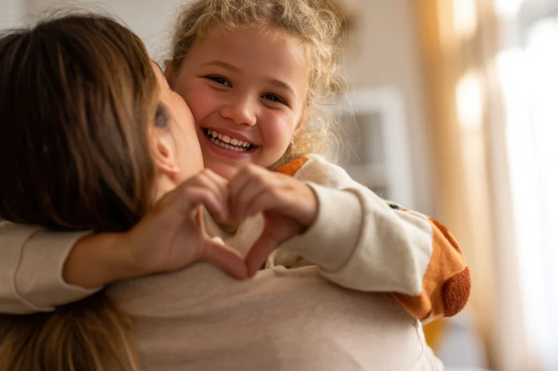 Mother hugging daughter who makes heart shape with hands indoors