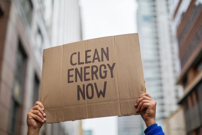 Hands holding a cardboard sign with text clean energy now in an urban street setting