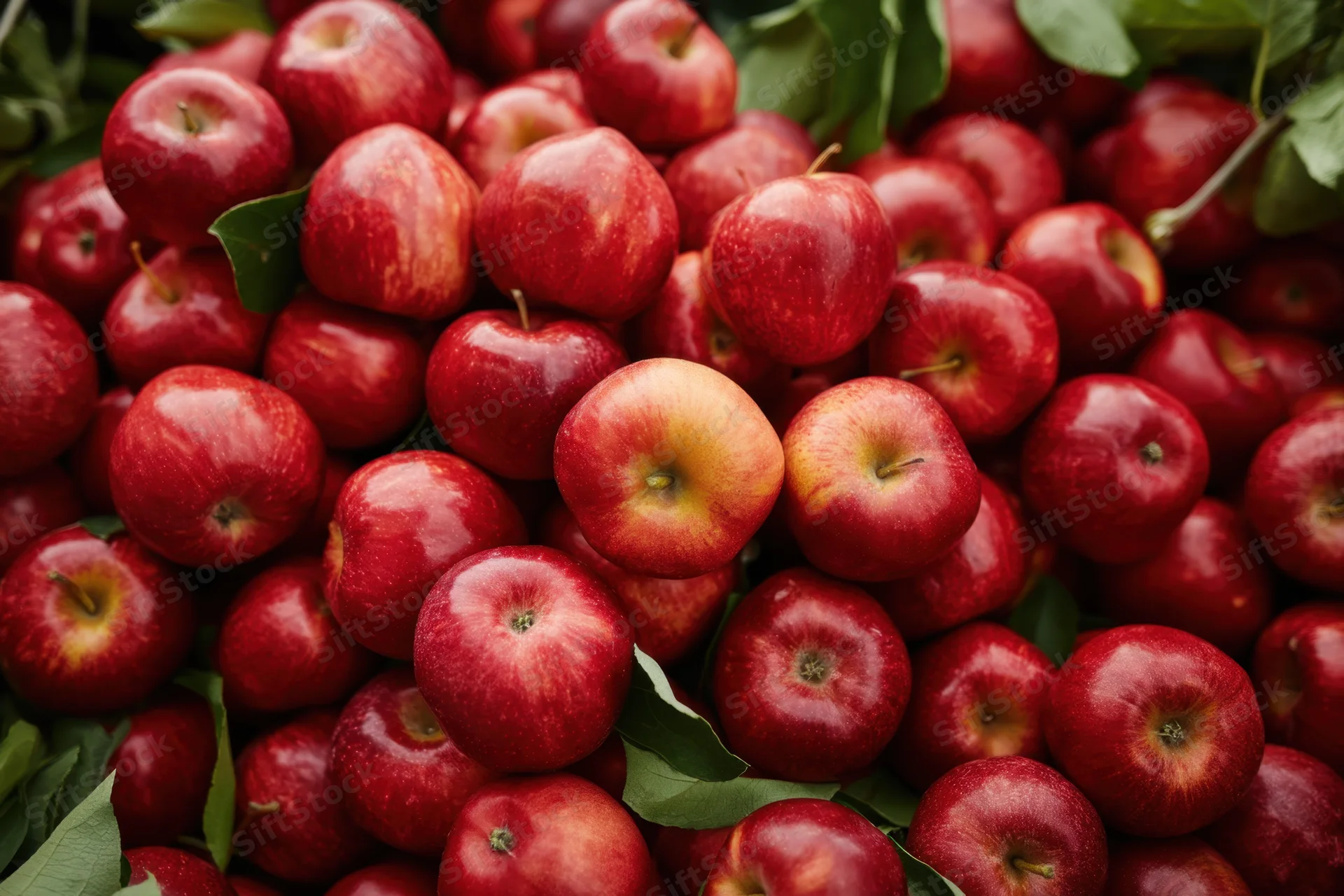 A pile of fresh red apples with glossy skin and green leaves scattered among them