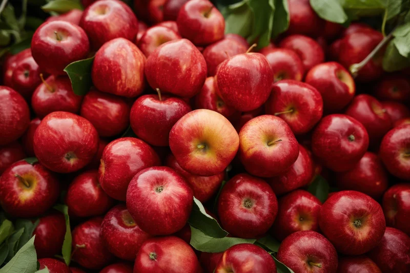 A pile of fresh red apples with glossy skin and green leaves scattered among them