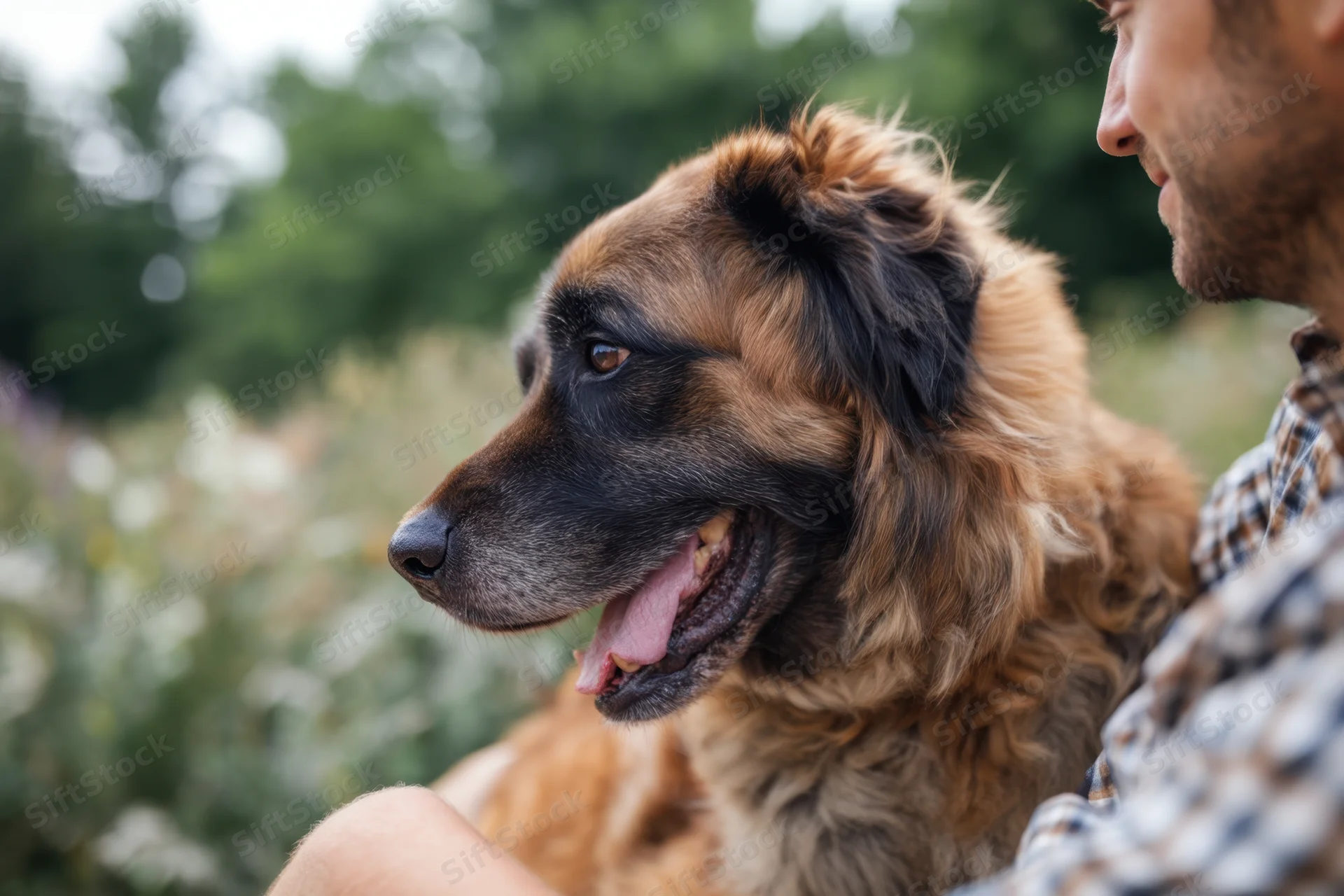 Large fluffy dog panting beside a man in a grassy outdoor setting