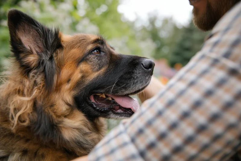 German shepherd dog panting and looking up at a man in a plaid shirt outdoors