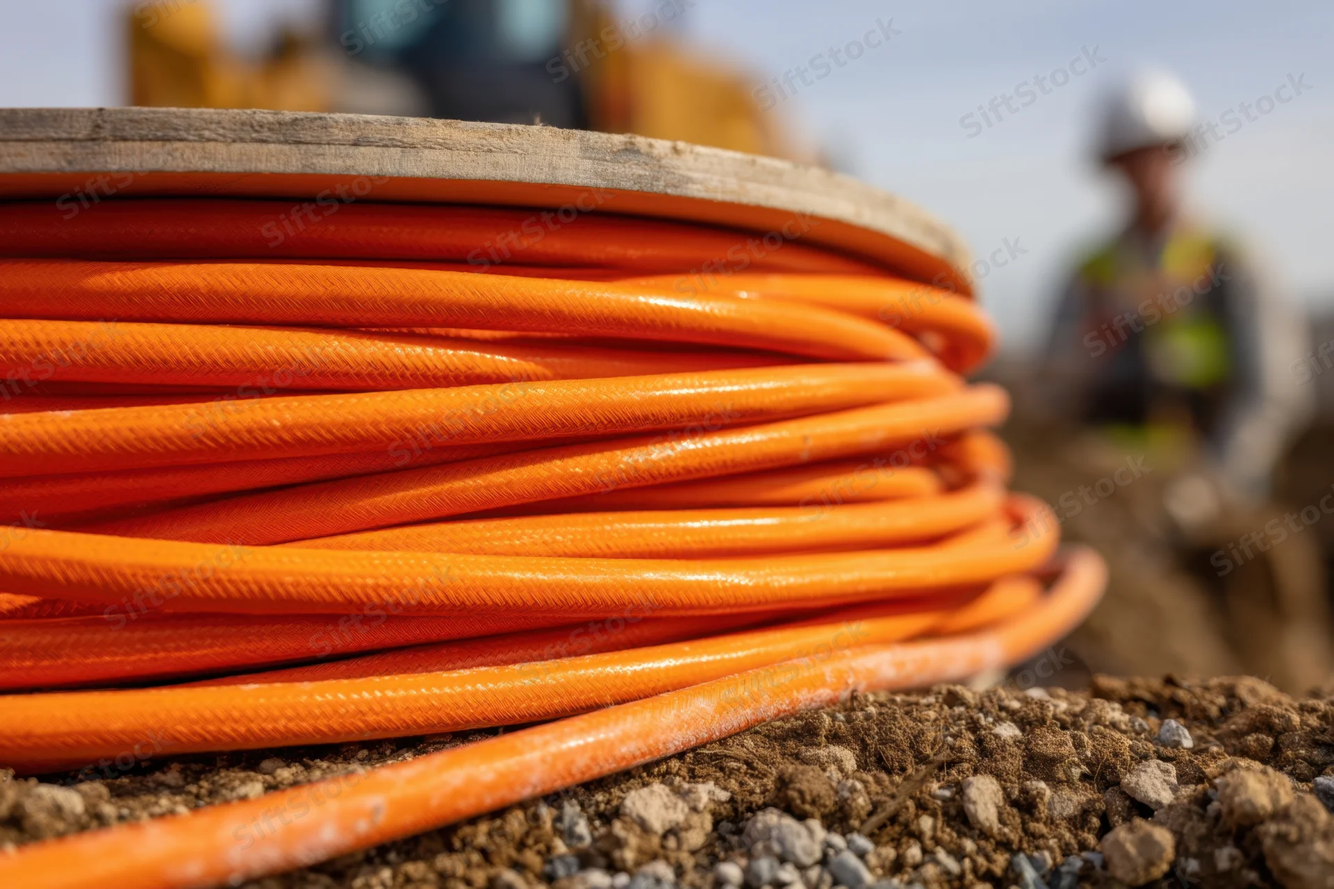 Large spool of bright orange electrical cable lying on disturbed earth at construction site with worker in background