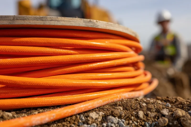 Large spool of bright orange electrical cable lying on disturbed earth at construction site with worker in background