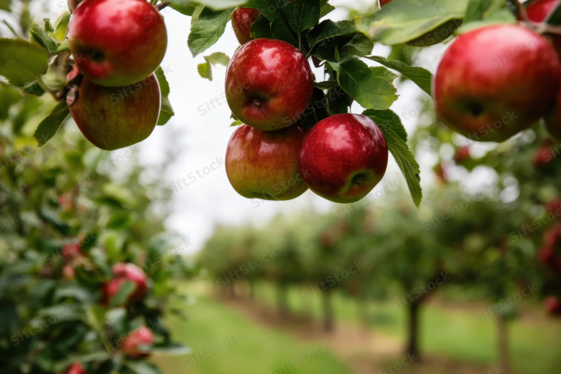 Red apples hanging from branches in a row of apple trees in an orchard