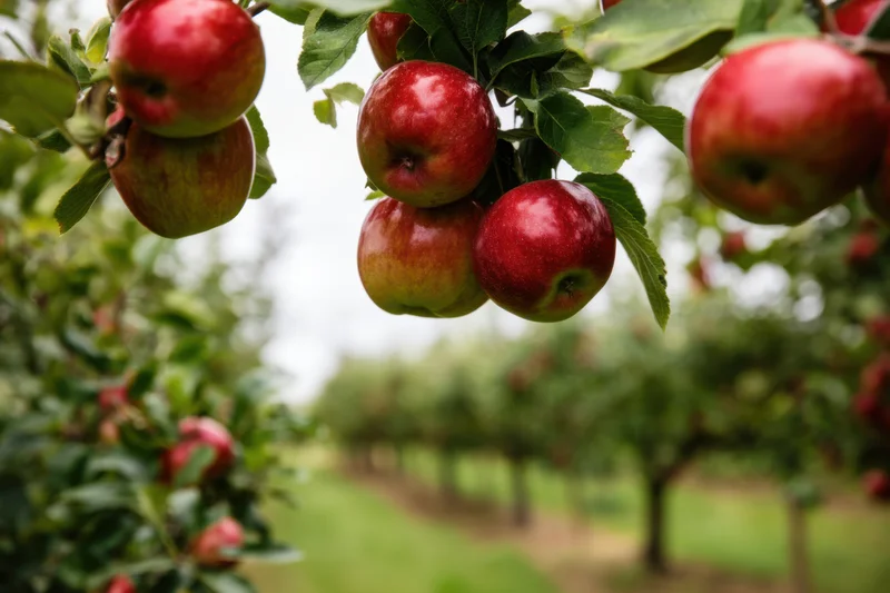 Red apples hanging from branches in a row of apple trees in an orchard