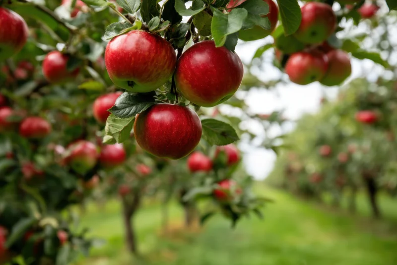 Red apples hanging from branches in an orchard with green foliage and blurred background