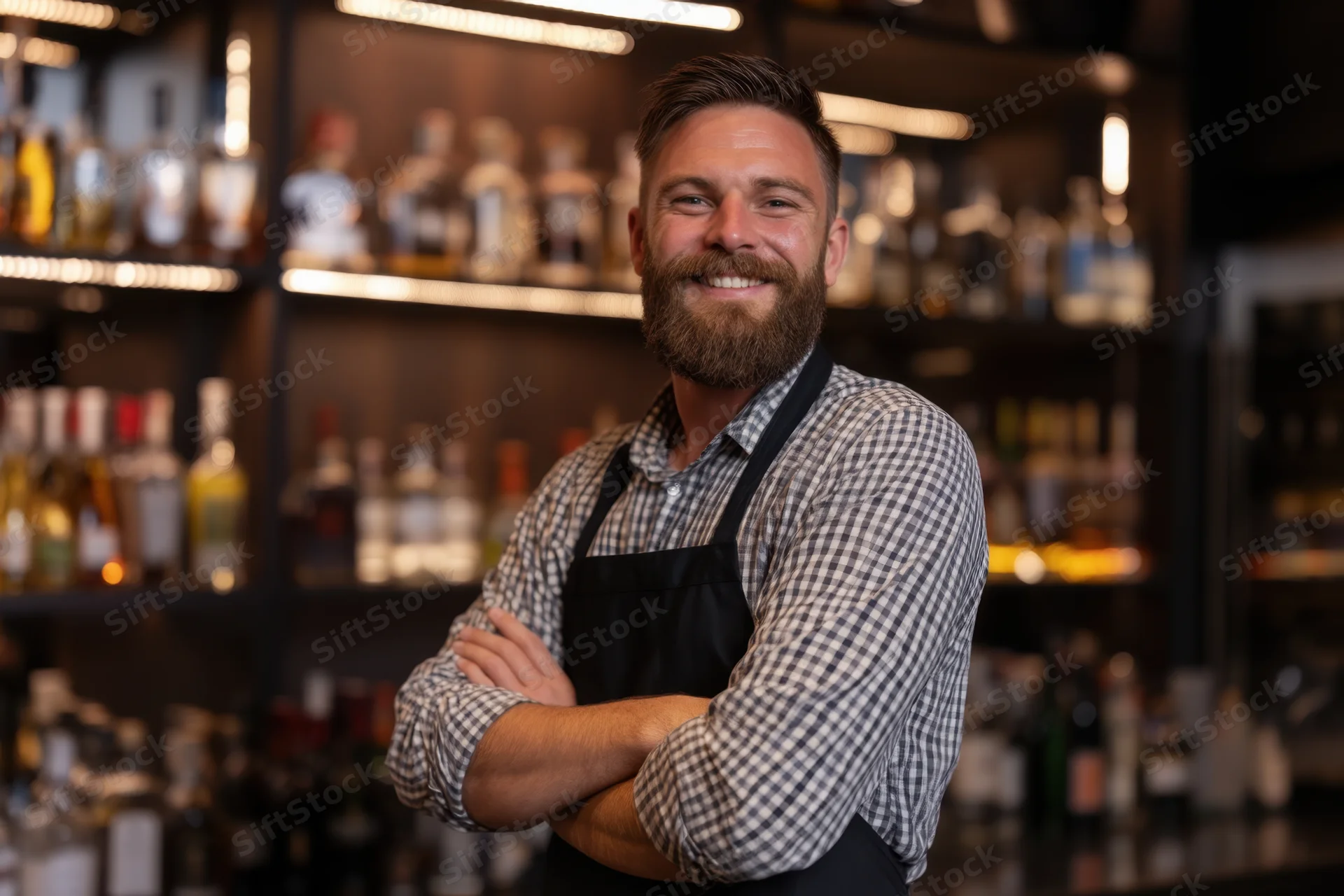 Male bartender smiling with arms crossed behind bar counter