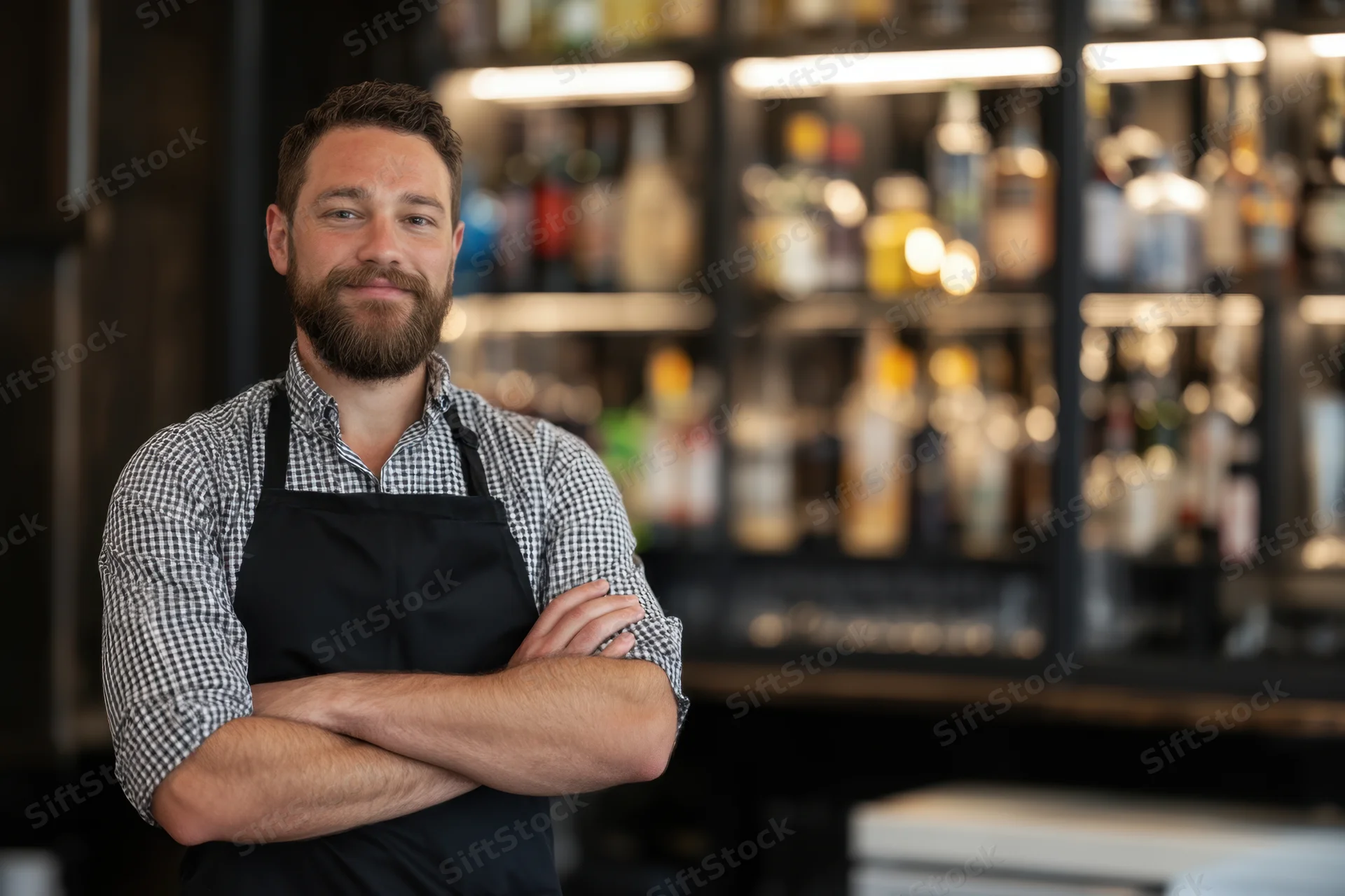 Male bartender standing confidently with arms crossed behind bar counter