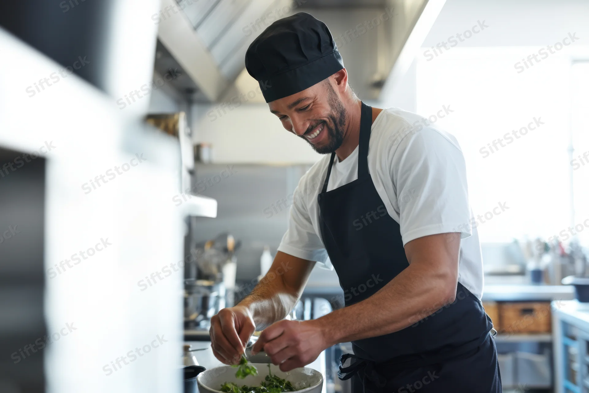 Male chef smiling while preparing a dish with fresh herbs in a modern kitchen