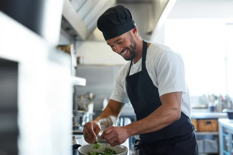 Male chef smiling while preparing a dish with fresh herbs in a modern kitchen