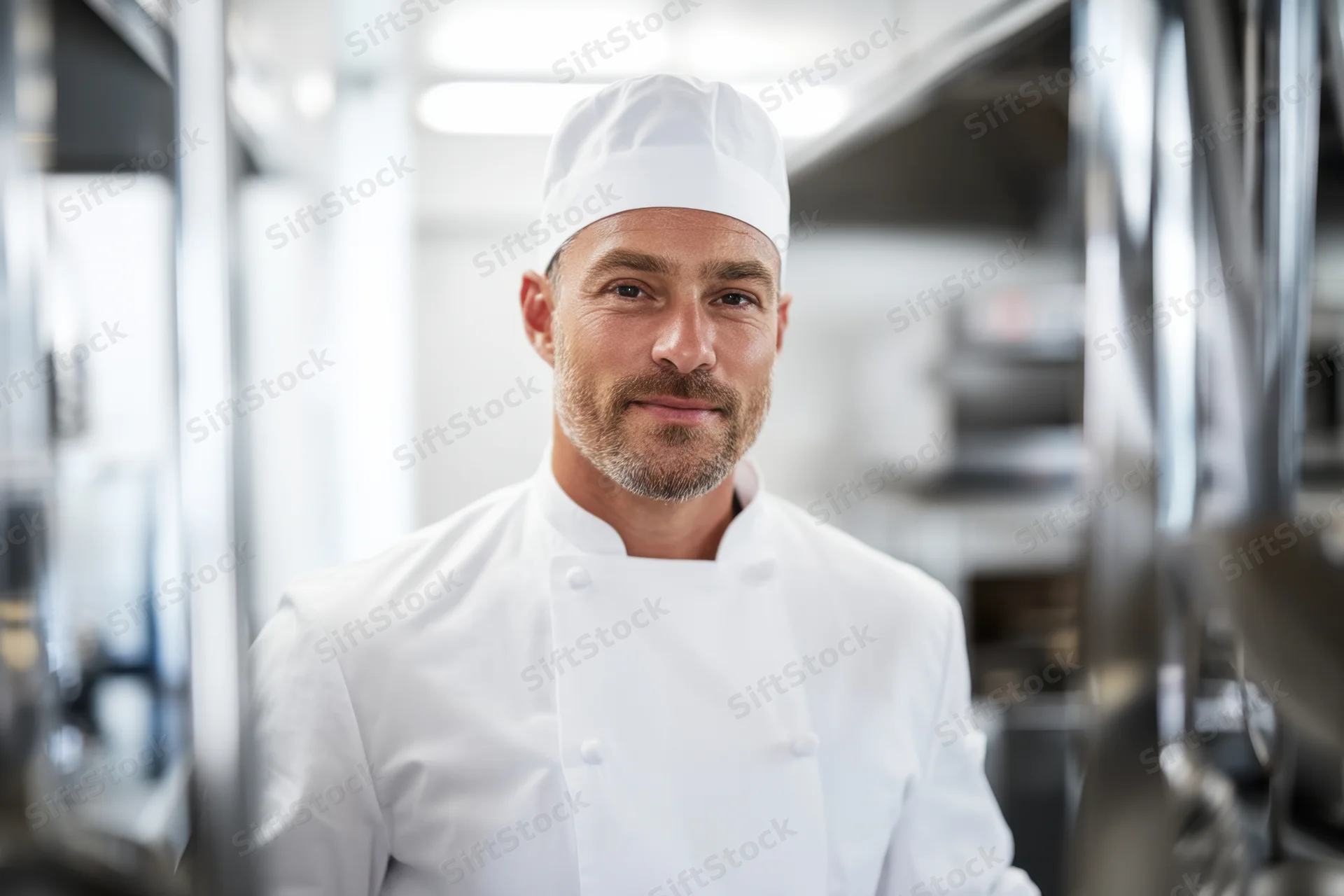 Male chef in white uniform and hat standing in modern kitchen with stainless steel appliances, looking at camera with slight smile