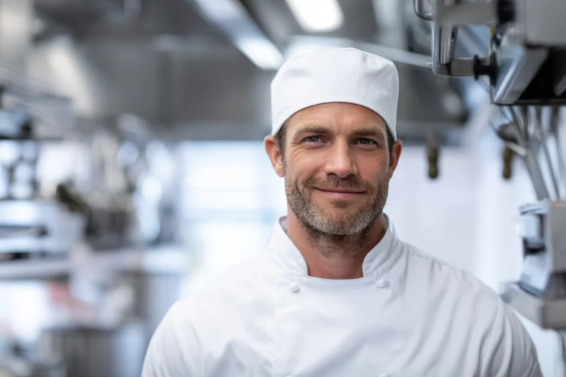 Male chef smiling in a modern commercial kitchen wearing white uniform and hat