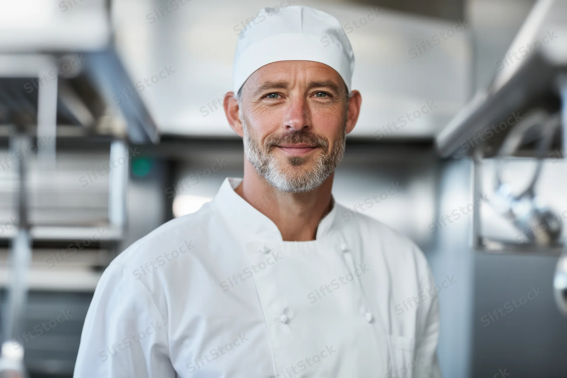 Male chef smiling in a modern commercial kitchen wearing white uniform and hat