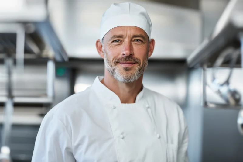 Male chef smiling in a modern commercial kitchen wearing white uniform and hat