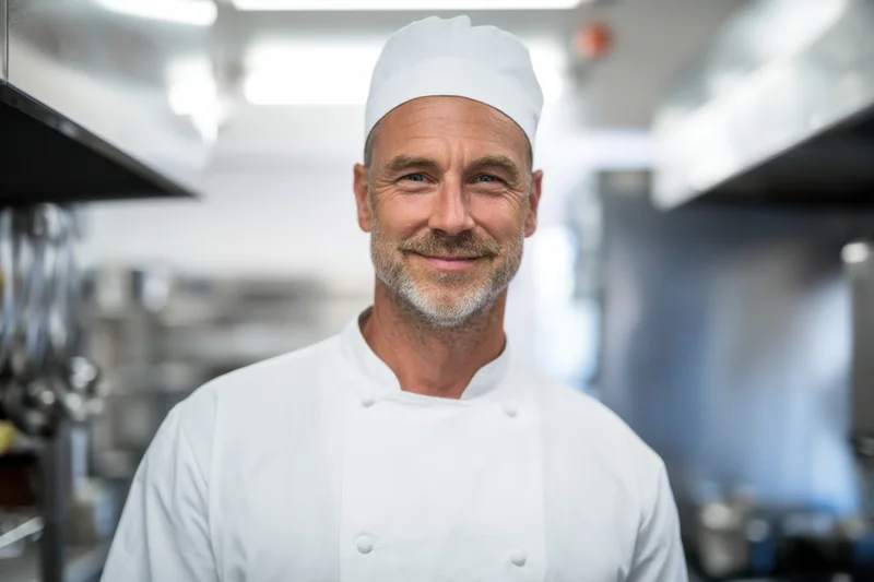 Male chef smiling in a modern commercial kitchen wearing white uniform and hat
