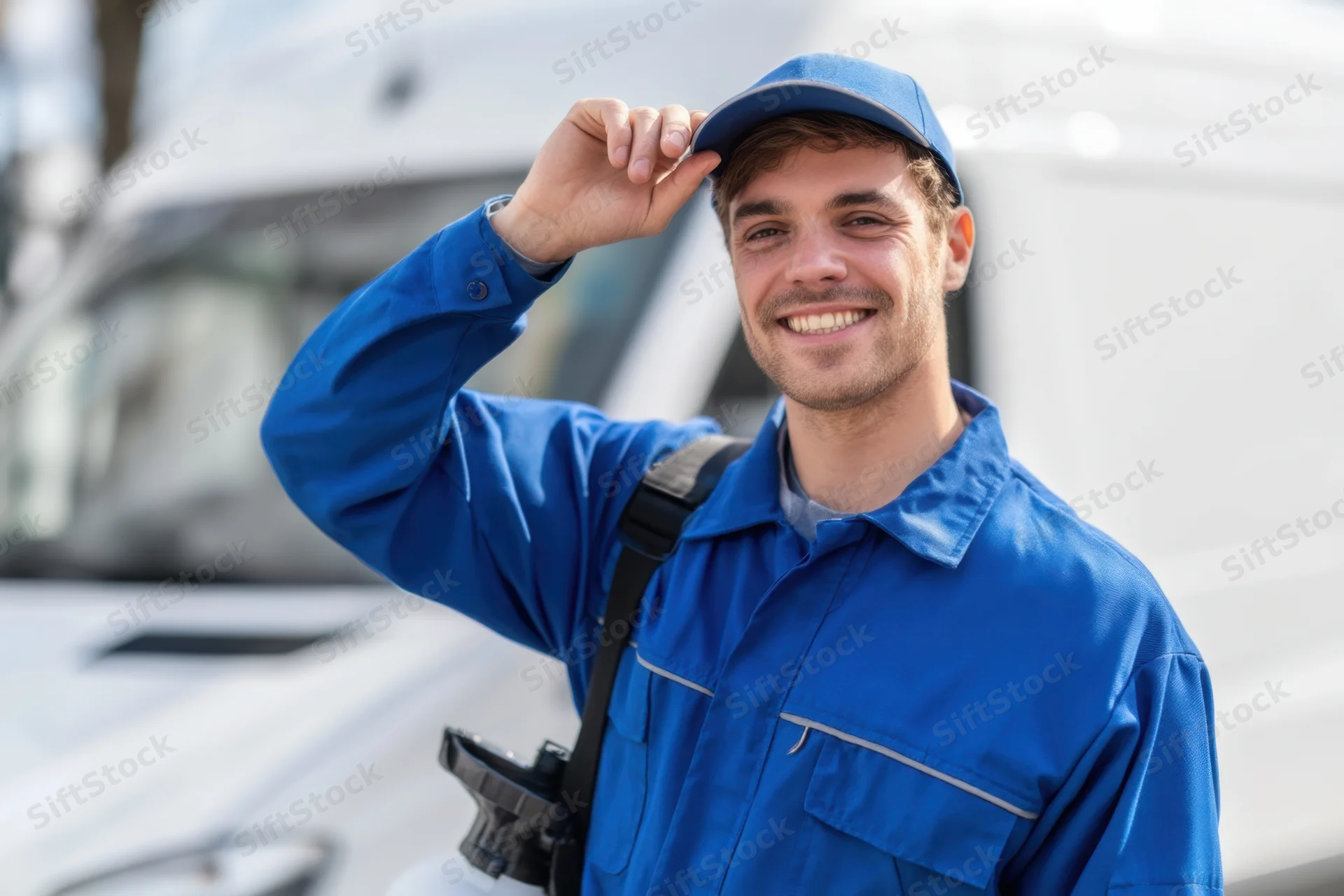 Smiling male technician in blue uniform and cap holding a sprayer outdoors near a van