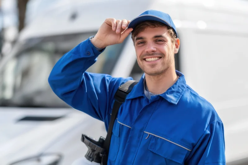 Smiling male technician in blue uniform and cap holding a sprayer outdoors near a van