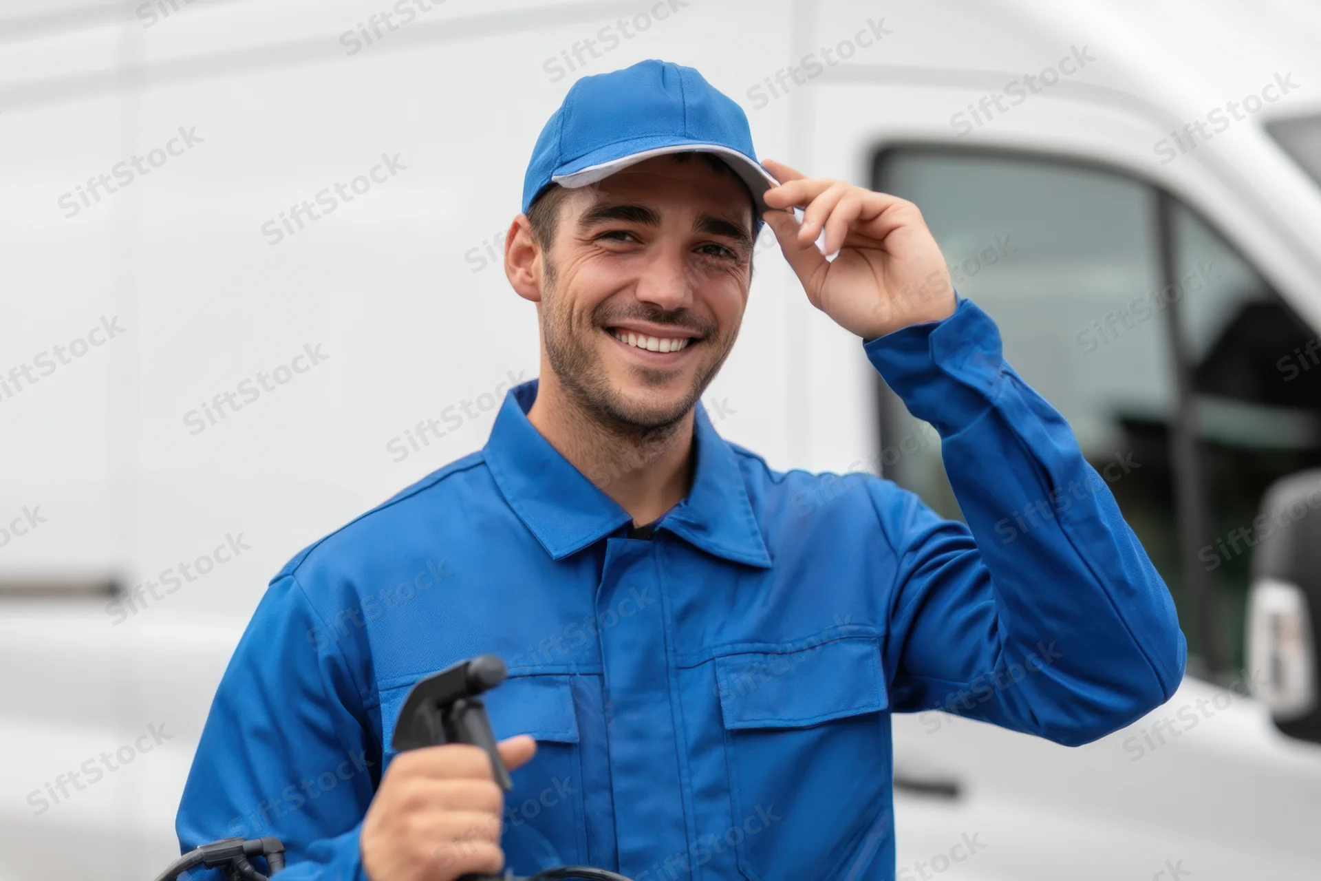 Smiling male technician in blue uniform holding sprayer near white van