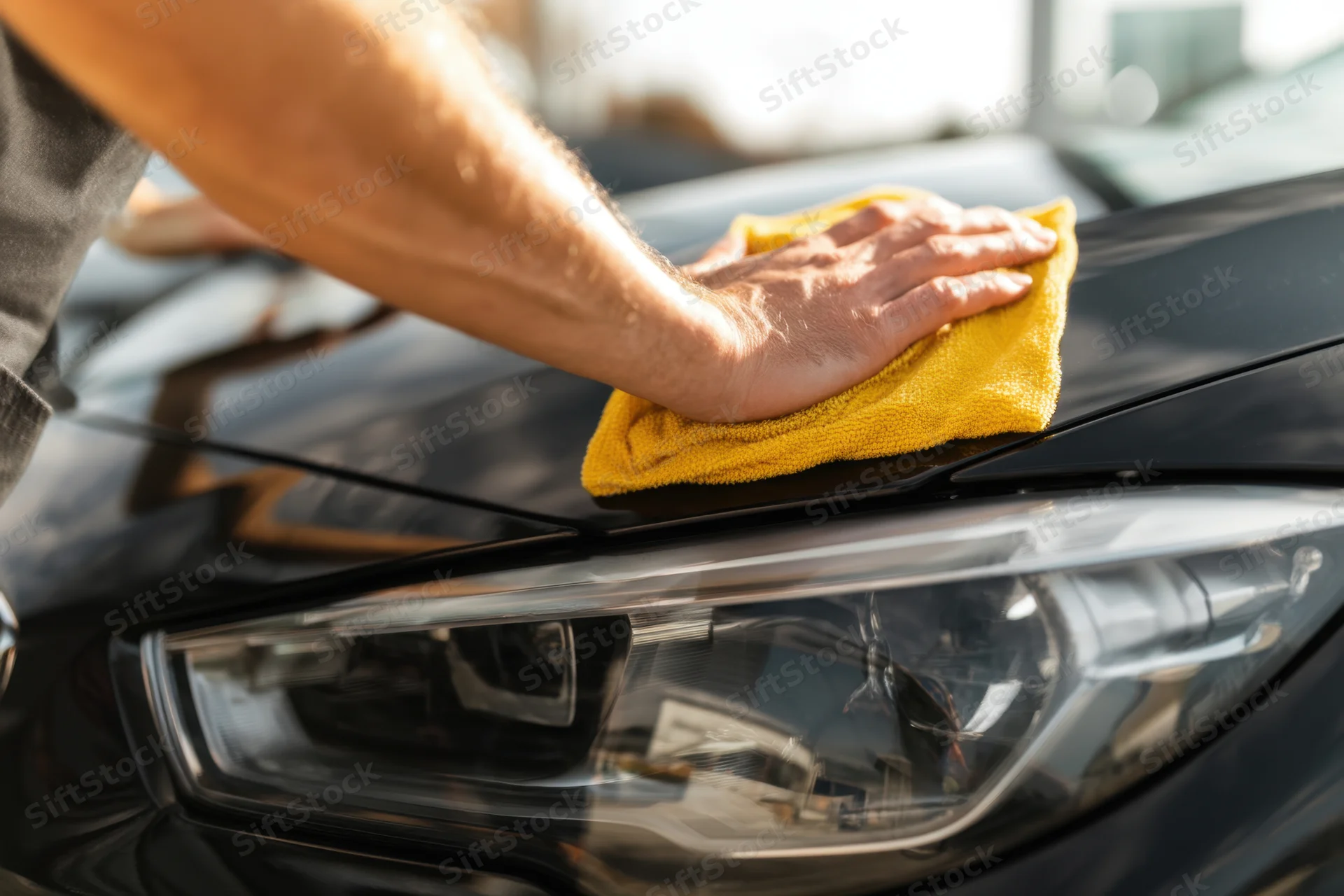 Man polishing black car hood with yellow microfiber cloth outdoors