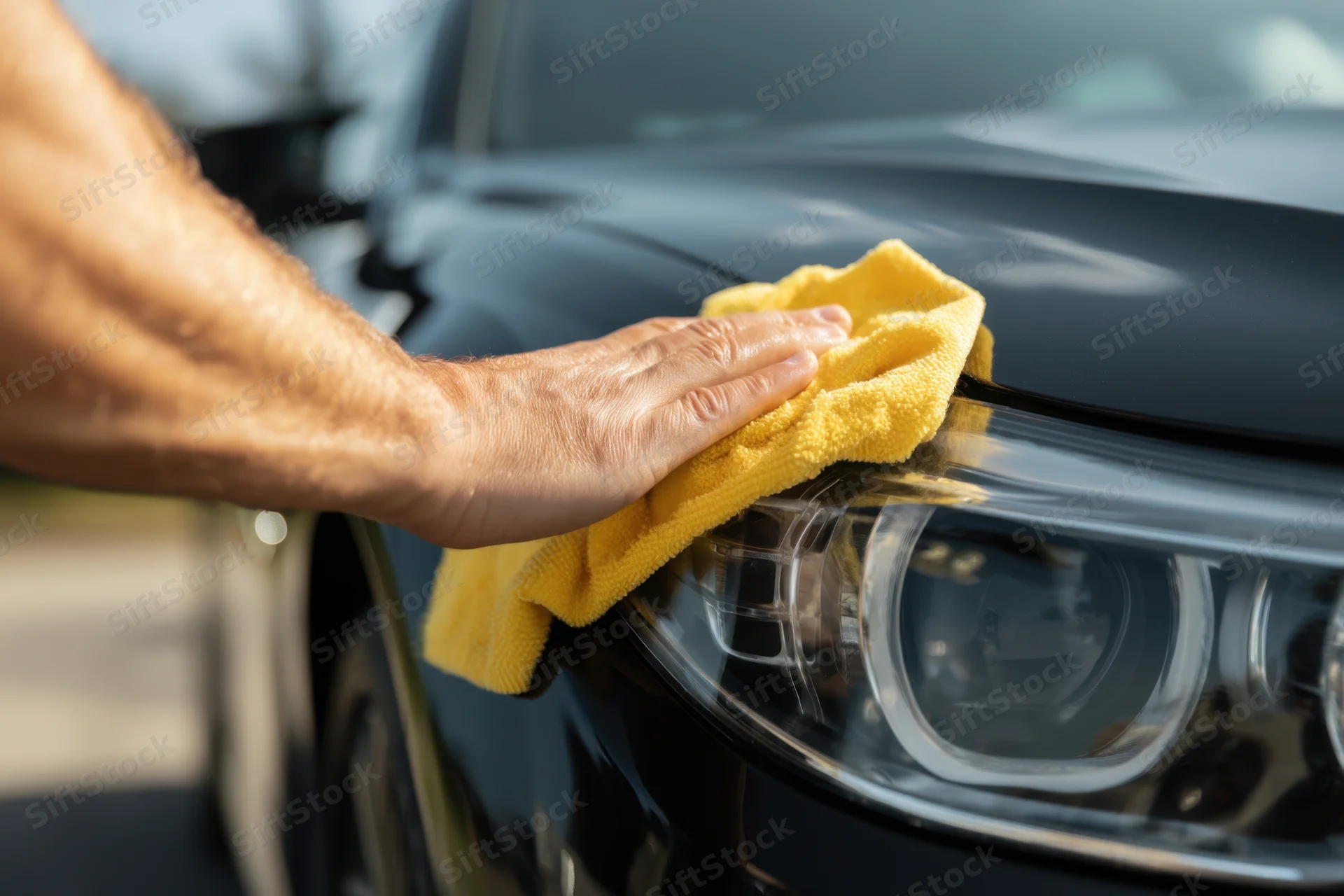 Man polishing black car exterior with yellow microfiber towel near headlight