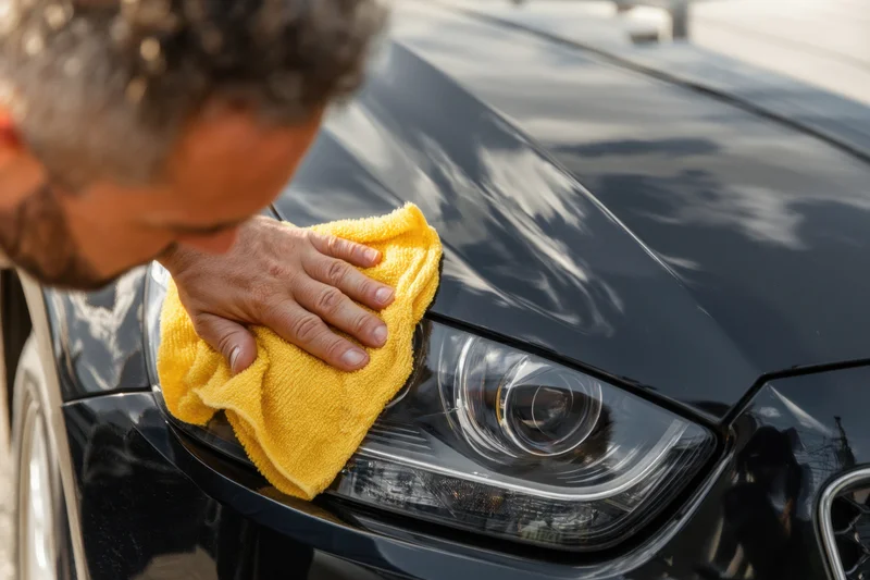 Man polishing black car hood with yellow microfiber cloth outdoors