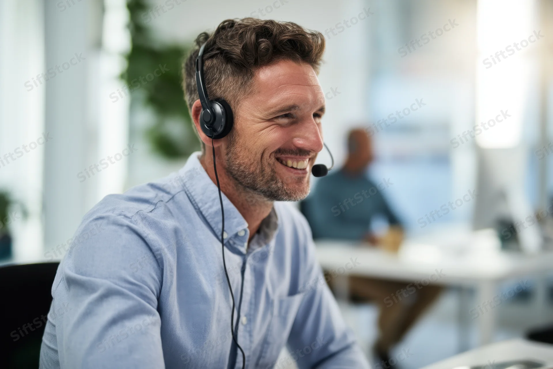 Man smiling while wearing headset during a call in a modern office workspace