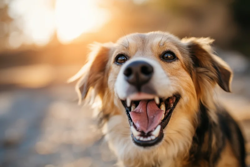 Happy medium-sized dog with open mouth and tongue out in golden sunlight outdoors