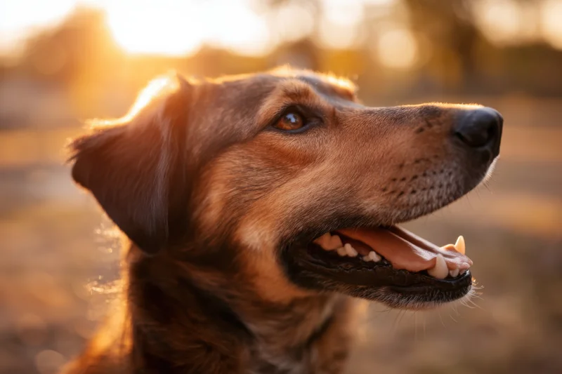 Dog in profile with open mouth during golden hour in a field