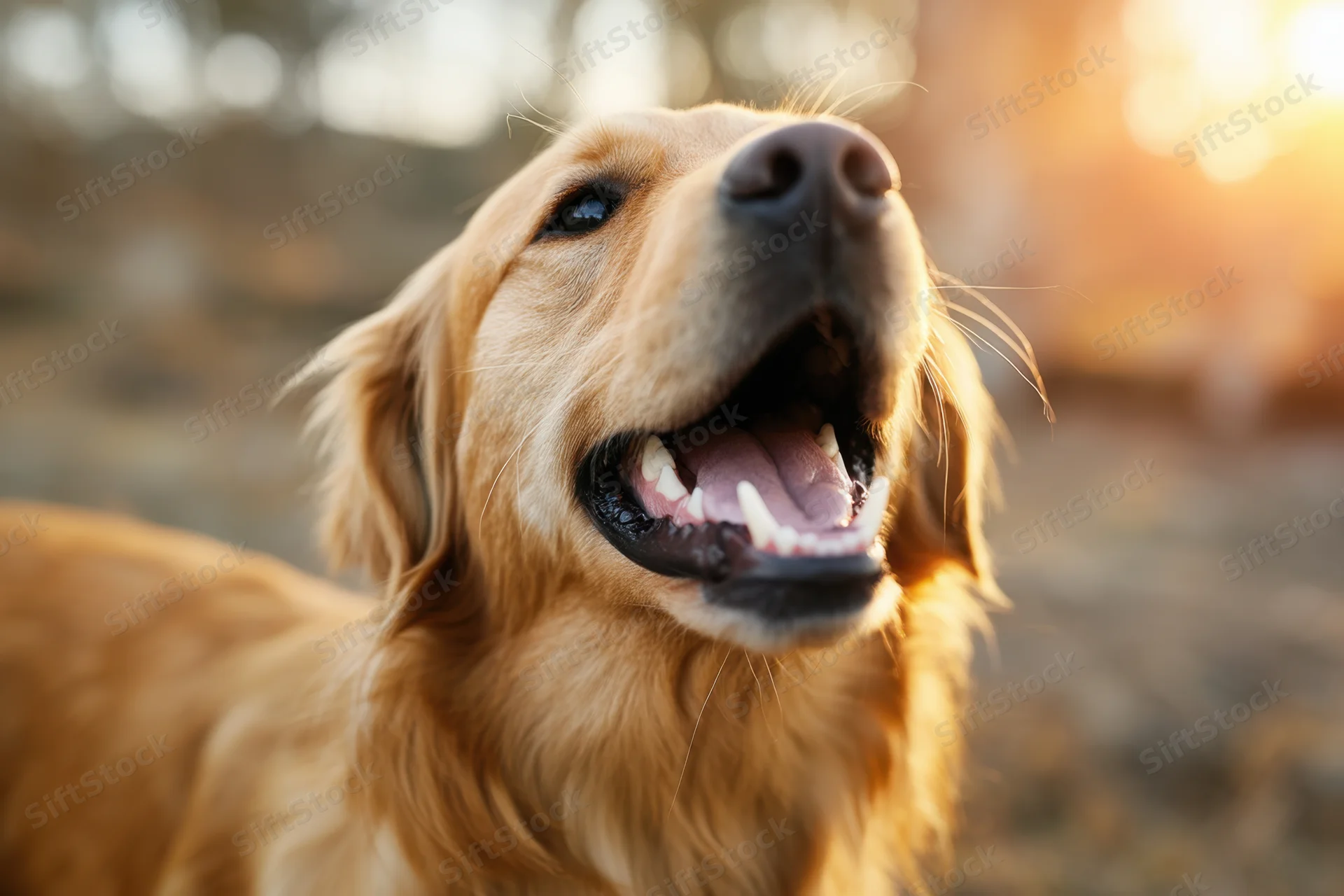 Golden retriever with open mouth looking up in outdoor sunlight