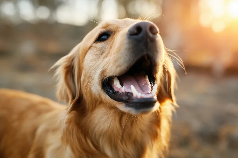 Golden retriever with open mouth looking up in outdoor sunlight