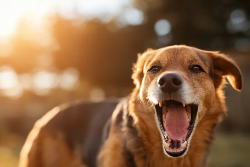 Medium-sized dog panting with open mouth in golden sunlight outdoors