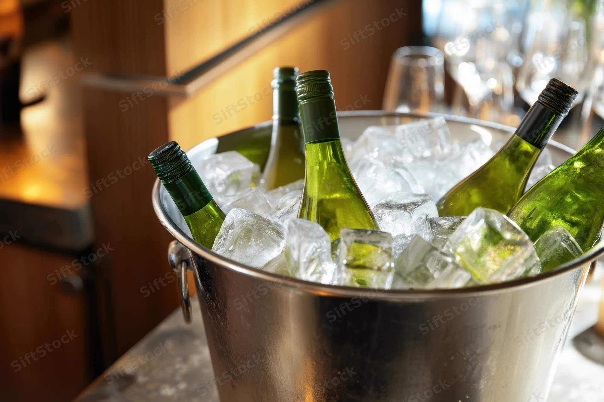 Green wine bottles chilling in a metal ice bucket on a bar counter