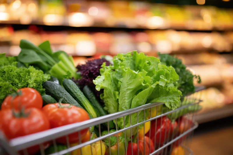 Metal shopping cart filled with fresh vegetables in a supermarket aisle